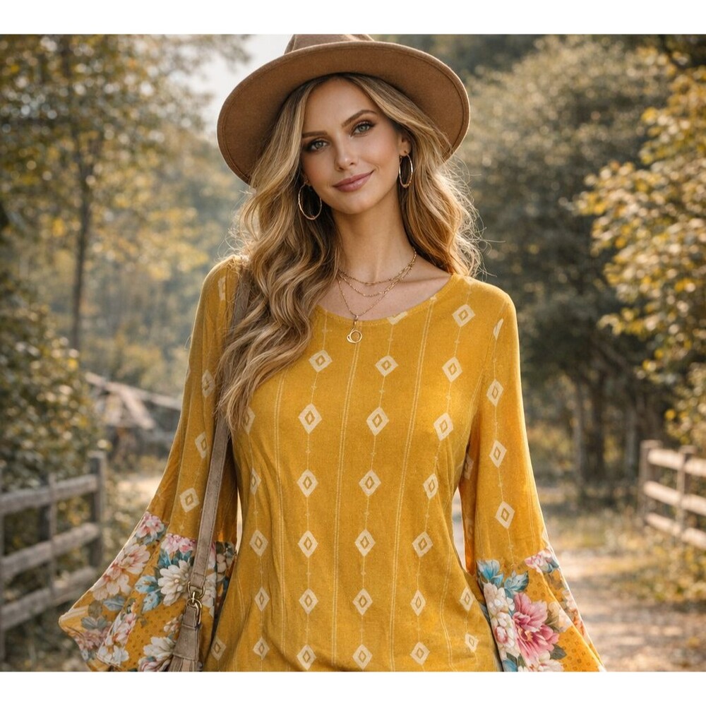 Mustard Geo Print Floral Challis Bell Sleeve Boho Blouse Plus Size 1X 14-16 - Picture 3 of 14